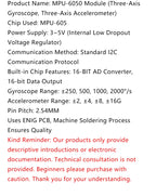 GY‑521 MPU‑6050 Three‑Axis Accelerometer Gyroscope Sensor Module 6DOF 3‑Axis Acceleration Gyro Sensor for Arduino