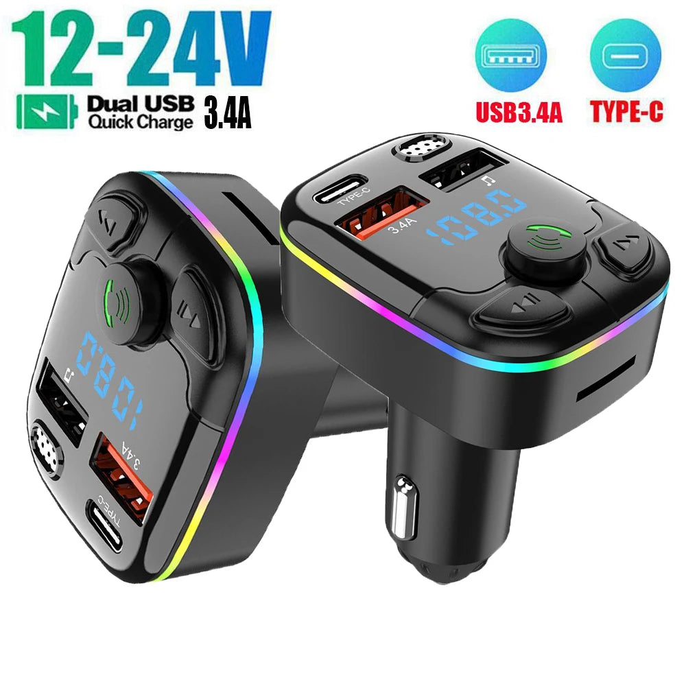 Car Bluetooth 5.0 FM Transmitter Type-C Dual USB Ambient Player Handsfree MP3 Type-C Wireless Light PD QC3.0 Car Charger Adapter