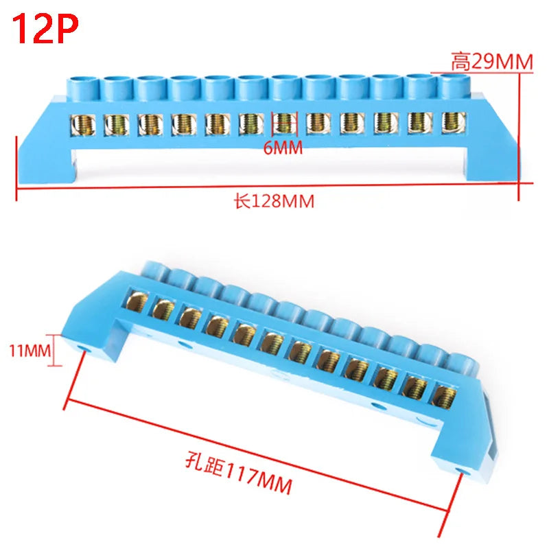 4/6/8/10/12 Positions Terminal Block Connector Strip Brass Ground Neutral Bar Electrical Distribution Wire Screw Terminal Blue