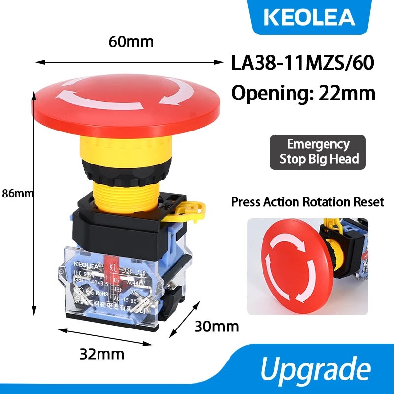 LA38 Emergency Stop 10A Self-locking Rotary Reset Latching Head Power Switch Mushroom Push Button Switch 22mm 1 NO I NC 2NC