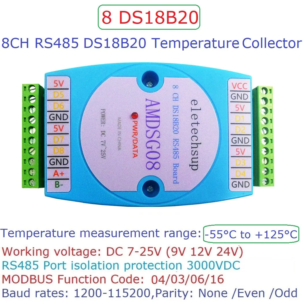 8 DS18B20 Temperature Acquisition Module / RS485 MODBUS RTU Communication Replace WP3066ADAM