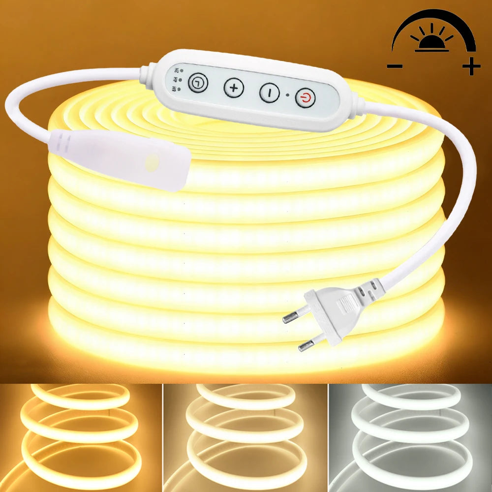 Dimmable Switch 220V COB LED Strip Neon Light Dimmer Power Kit Waterproof 3000K 4000K 6000K 288LED Kitchen Room Decor Flex Lamp
