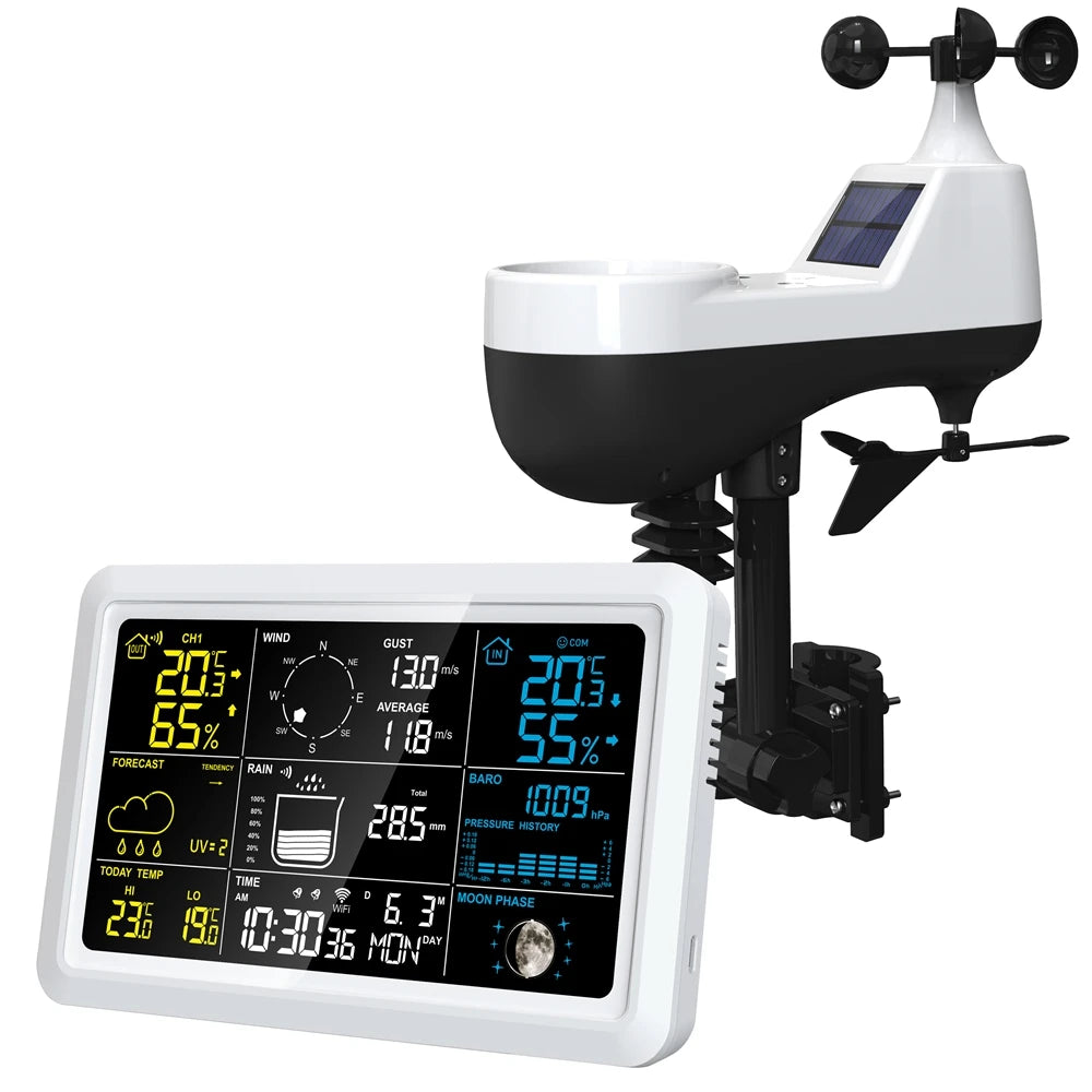 Tuya Wireless Weather Station Auto Alarm Clock Calendar Thermo-Hygrometer UV Wind Rainfall Gauge Solar Panel Forecast Sensor