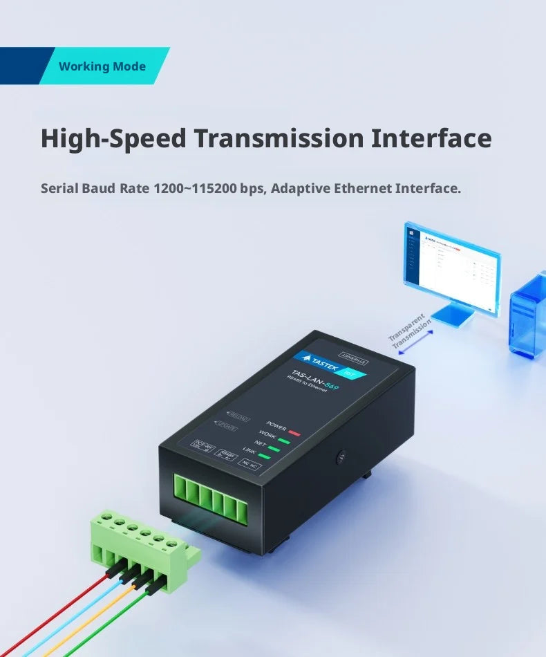 Serial to Ethernet Converter, RS485↔Ethernet, Modbus RTU/TCP Gateway, IP30, 5-36V DC, DIN Rail Mount