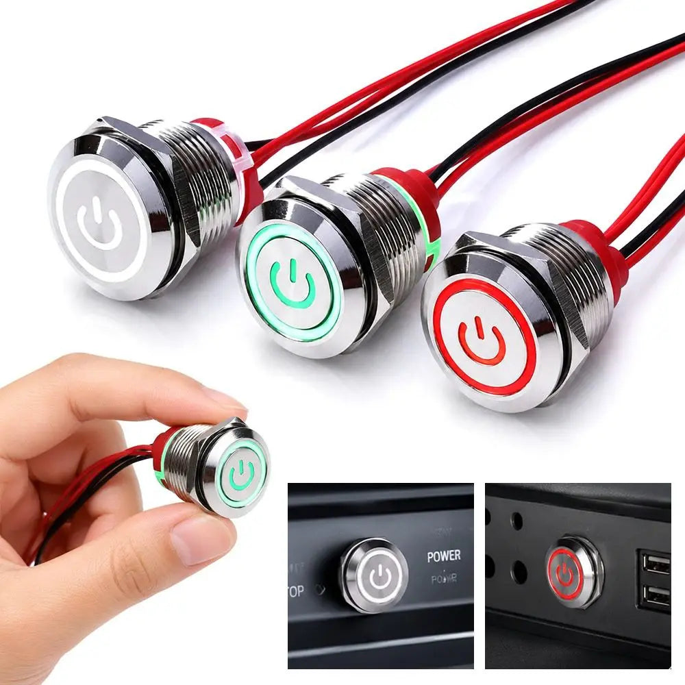 New 16/19/22mm Push Button Switch Metal Latching Action Panel Mount Switch Pre-Wired Illuminated Ring Short Body