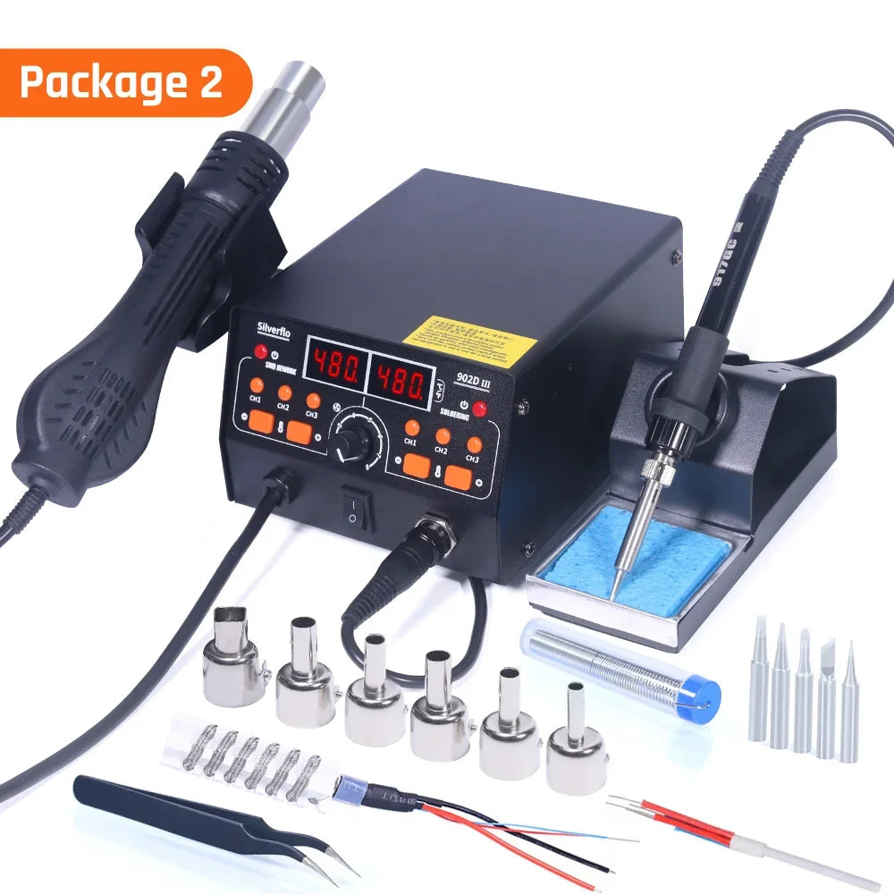 Silverflo 902D-III Soldering Station 2 in 1 Hot Air Soldering Station Rework Station with 3 Preset Channels for SMD PCB Repair