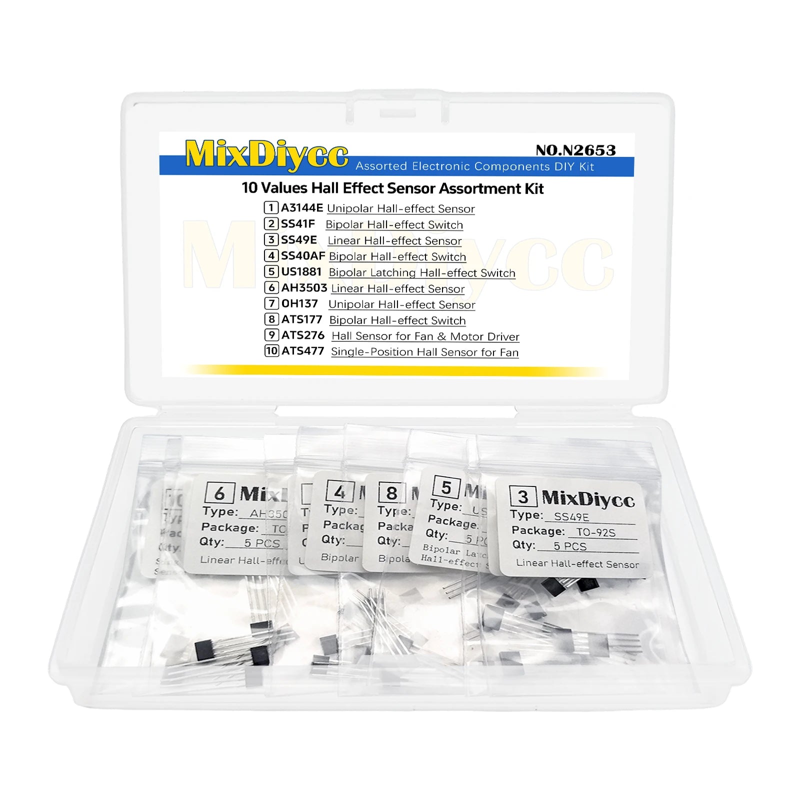 10 Values Hall Effect Sensor Kit A3144E SS41F SS49E SS40AF US1881 AH3503 OH137 ATS177 ATS276 ATS477 3144E/41F/49E Total 50 Pcs