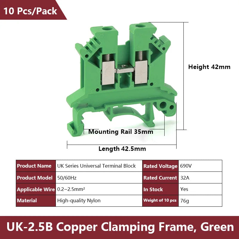 UK 2.5 Terminal Block UK2.5B Screw Connection Connect Strip 2.5B/3N/5N/6N/10N  2.5mm² Cable Electrical Din Rail Wire Connector