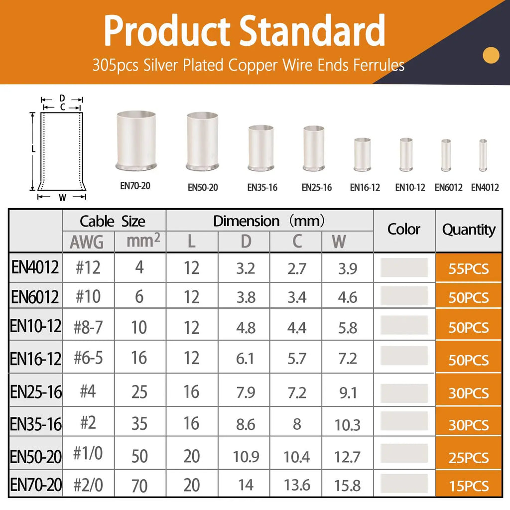 166/305 Pcs Wire Ferrules Kits Silver Plated Copper Crimp Terminal Connector 8 Sizes Sleeves Insulated Cord Pin End Terminal