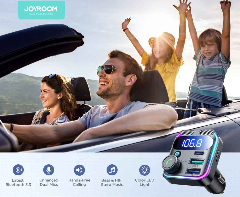 Joyroom Bluetooth 6.0 FM Transmitter with PD 45W&QC3.0 Fast Charger Bluetooth Car Adapter Portable Car AUX Radio Modulator MP3
