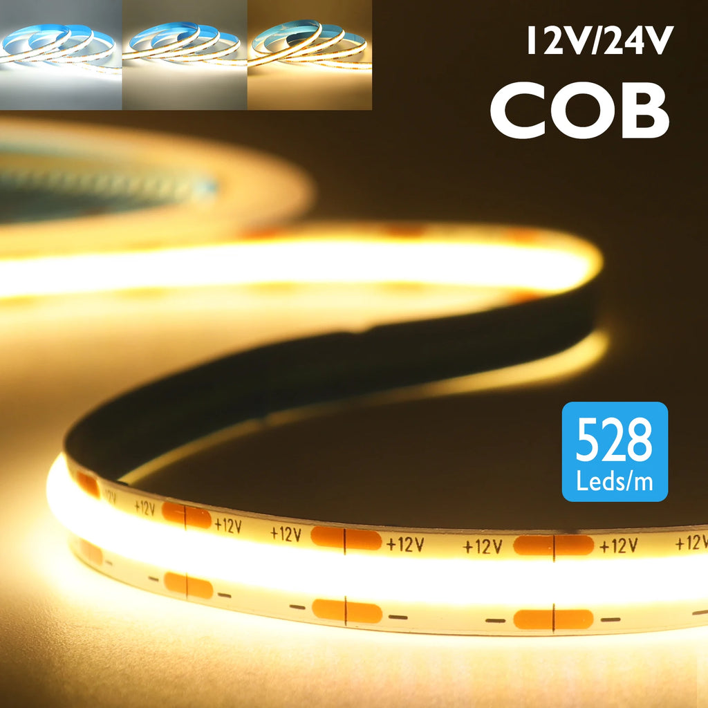 DC12 24V COB LED Strip Light 528Leds/m Flexible Tape Ribbon High Density Linear Lighting 3000-6500K RA90 Led Lights Room Decor
