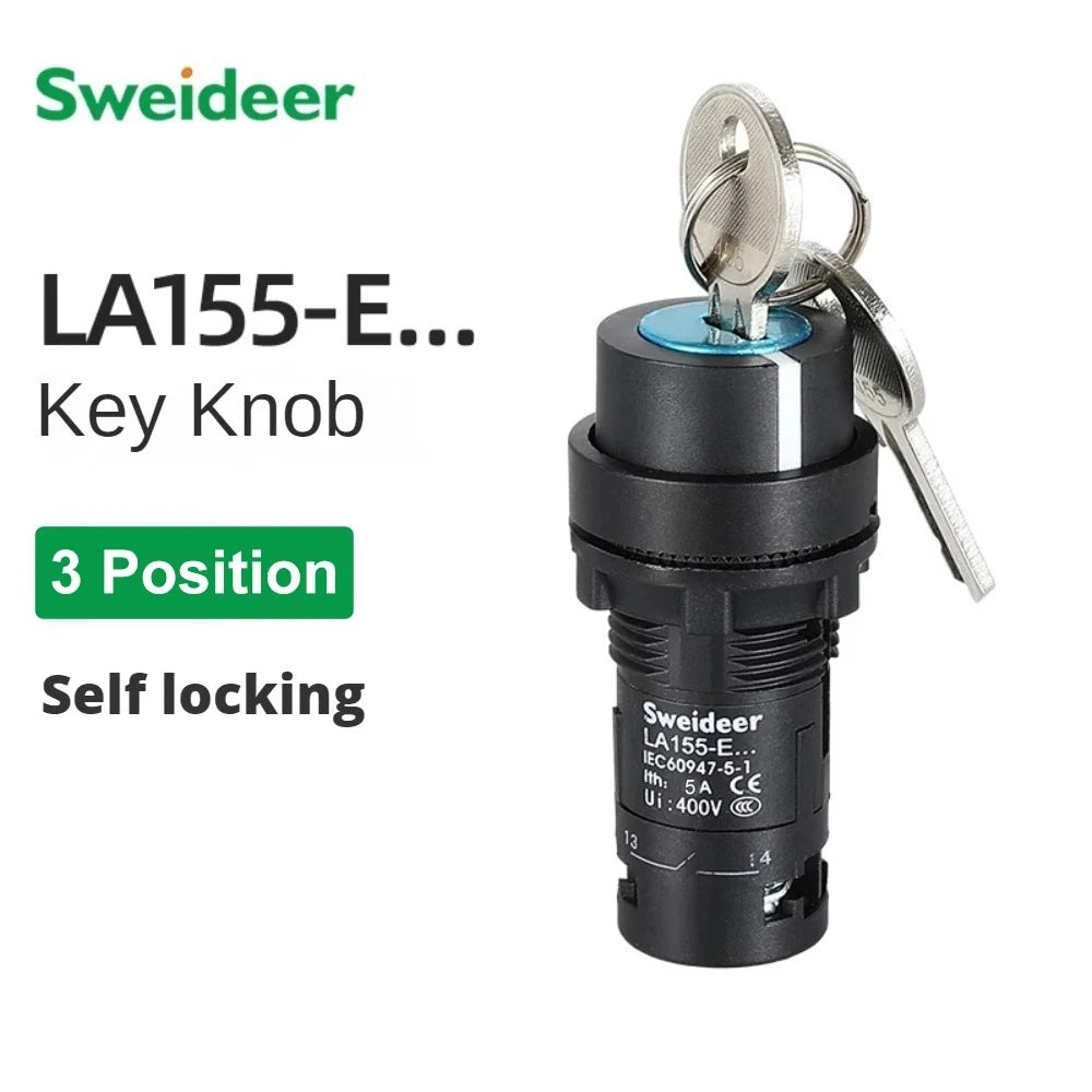 22mm Key Knob Switch 1NO/2NO/1NO1NC 2/3 Position Self Locking Select Rotary Switch Power Conversion Switch 5A on Off