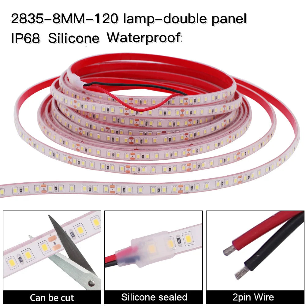 12V 24V 5m 10m 20m LED Strip Light IP68 Waterproof 2835 9 Colors Flexible Tape with 2pin Wire 120LED/m Bright Ribbon 0.5m 1m 2m