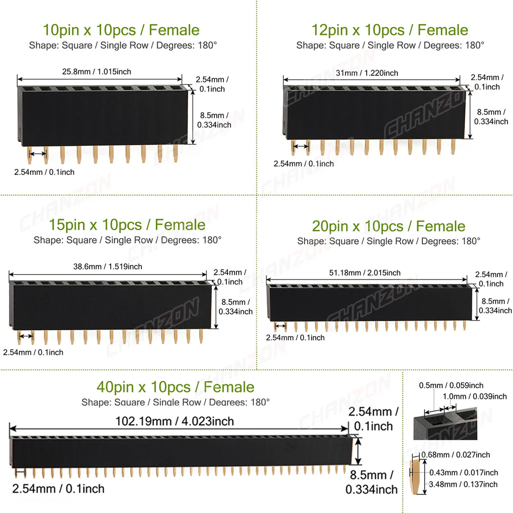 2 3 4 5 6 8 10 12 15 20 40 Female Pin Header Socket Gold Plated Solderless Single Row 2.54mm 2.54 mm 4pin 20pin 40pin Connector