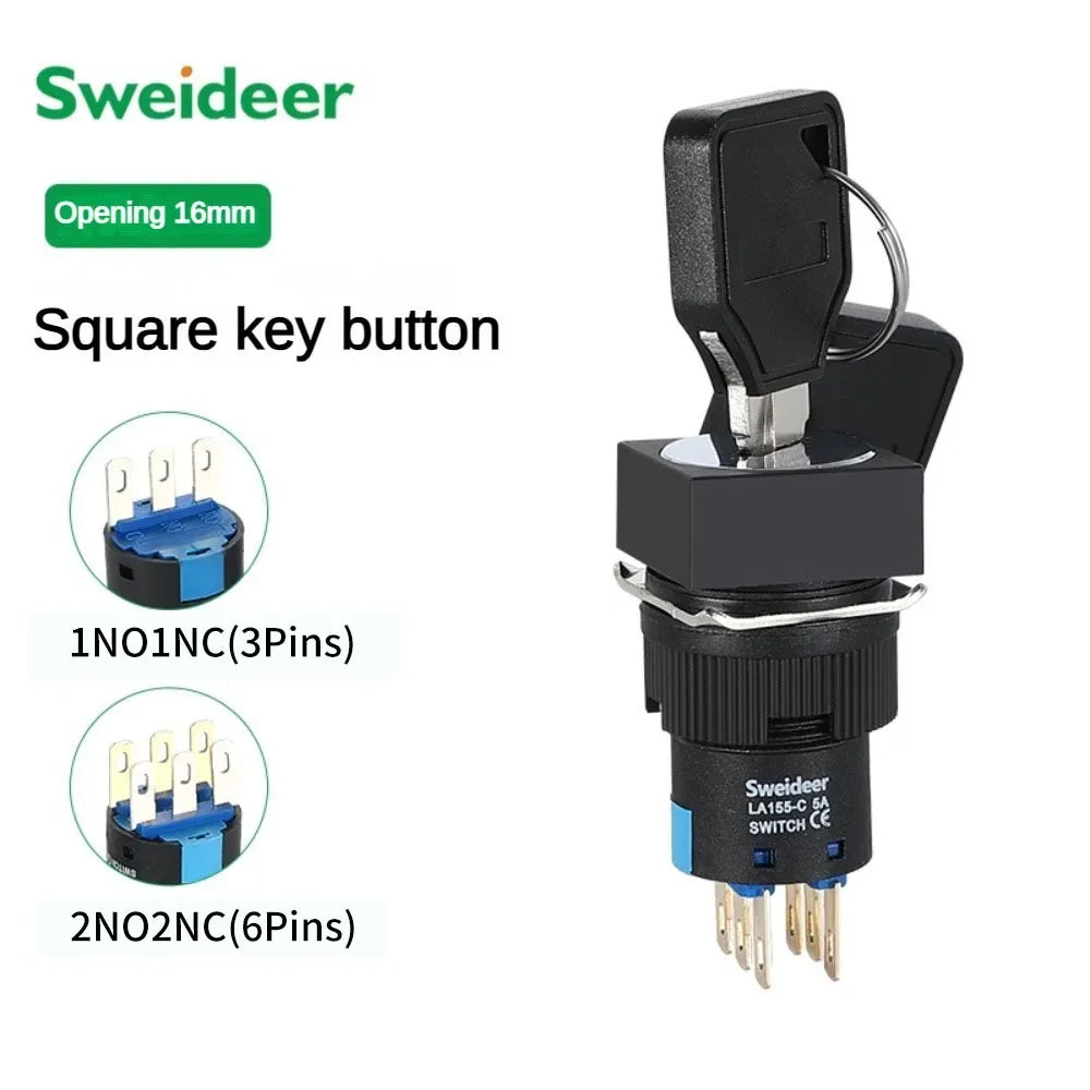 16mm Key Rotary Knob Push Button Switch 2 3 Positions Latching Self Lock Round Square Selector Start Up Power Switch 3/6 Pins