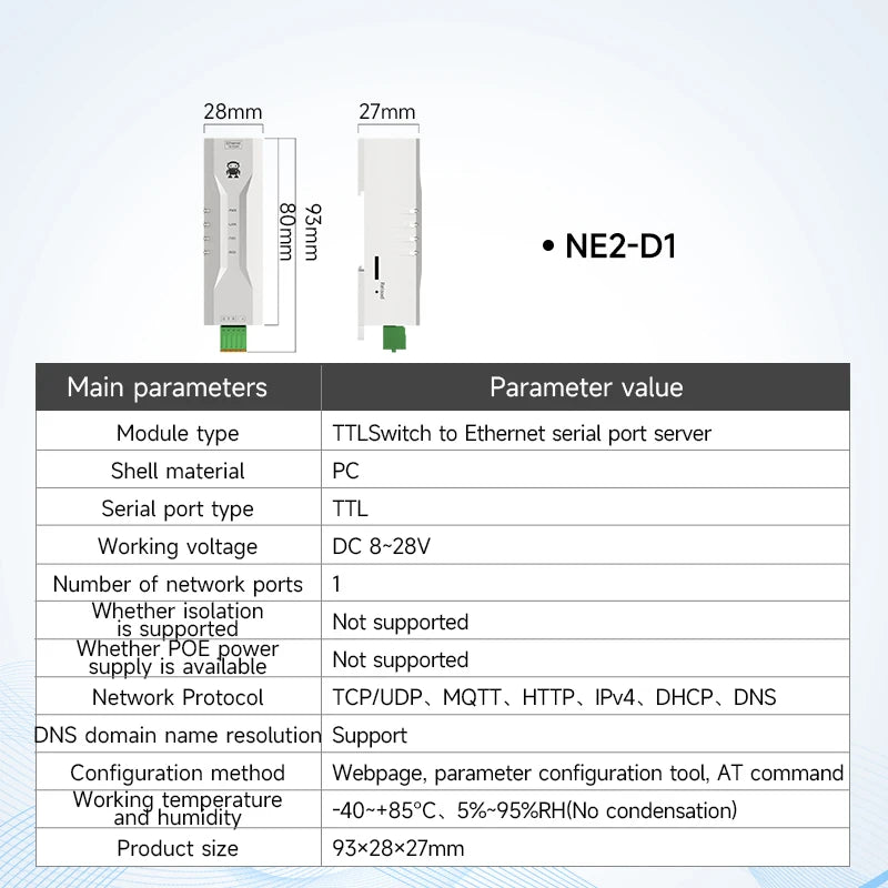 Serial Port Server RS485 To Ethernet CDSENET NE2-D11 DC 8-28V TCP/UDP Modbus MQTT HTTP DNS FOTA Remote Up DIN Rail Installation