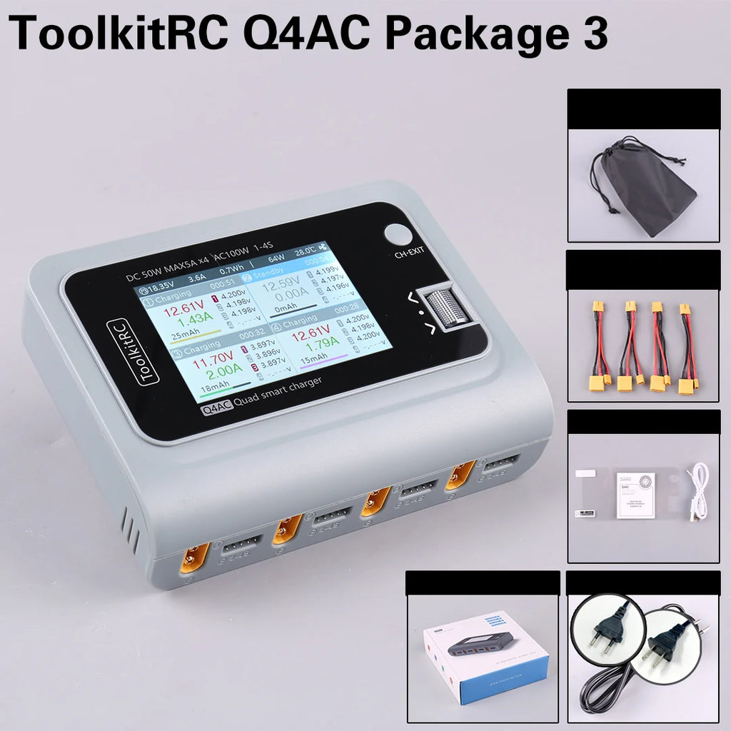 ToolkitRC Q4AC 4x50W 5A AC 100W 4 Port DC Smart Discharger Charger XT60/XT30 Optional for 1-4S Lipo Battery