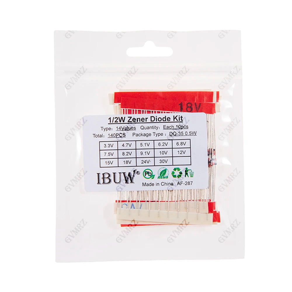 140PCS 14Values 1/2W Zener Diode Kit 3.3V-30V DO-35 0.5W for Voltage Regulation Electronic Projects 3.3V 9V 30V DO-35 0.5W