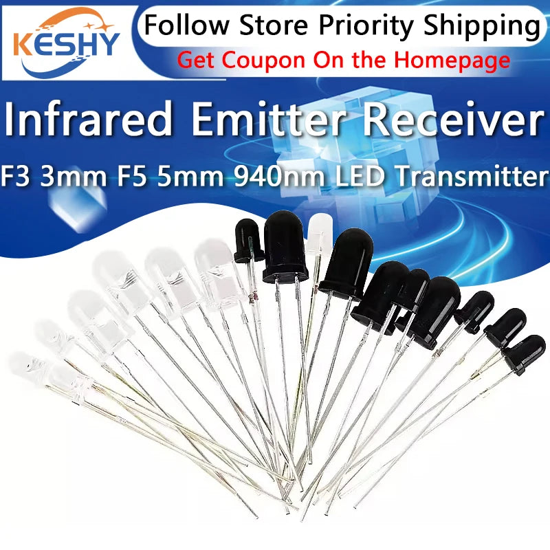 10Pairs F3 3mm F5 5mm 940nm LEDs Infrared Emitter and IR Transmitter Receiver Diode Diodes 301A Infrared to tube For Arduino