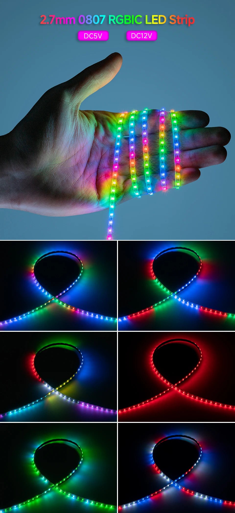 WS2812B RGB LED Light Strip 160 LEDs 2.7mm 5mm WS2812 Lights 0807 2020 Individually Addressable Smart Pixels Magic 5V 12V IP30