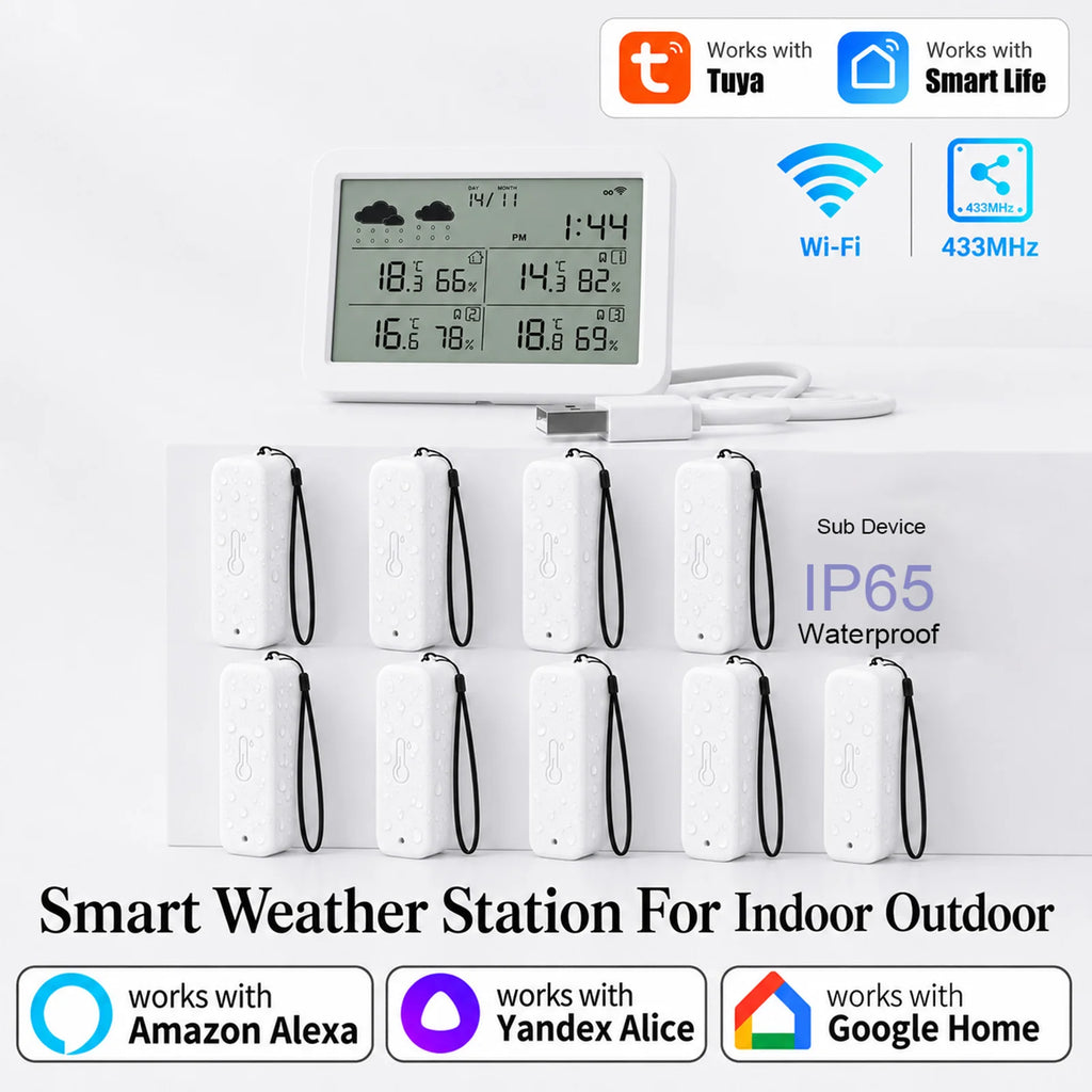 Tuya WiFi Weather Station RF433 IP65 Waterproof Outdoor Temperature Humidity Sensor Thermometer Hygrometer 2-9 Sub Devices