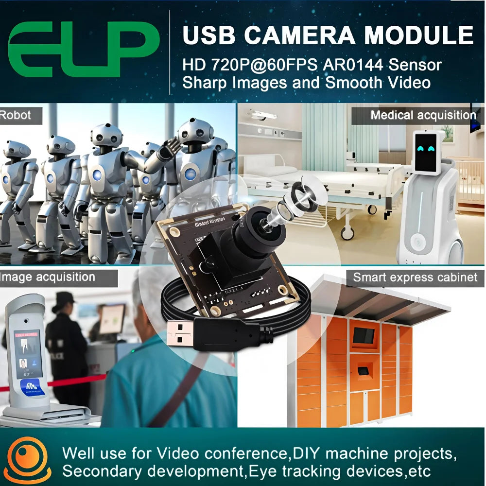 ELP Global Shutter USB Camera 60fps 720P HD AR0144 Sensor UVC Plug Play Industrial Webcam for Fast Moving Barcode Scanner Drone