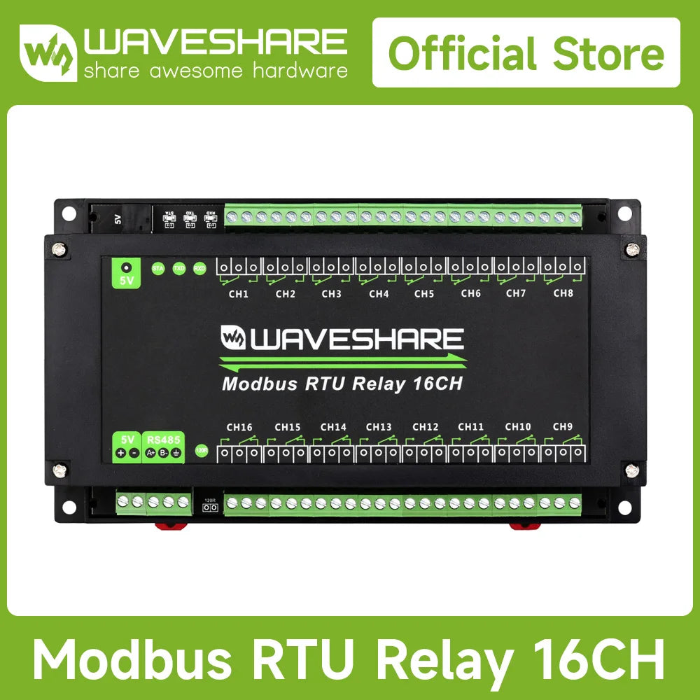 Waveshare Modbus RTU 16-Ch Relay Module, RS485 Interface, With Multiple Isolation Protection Circuits, Rail-Mount Case