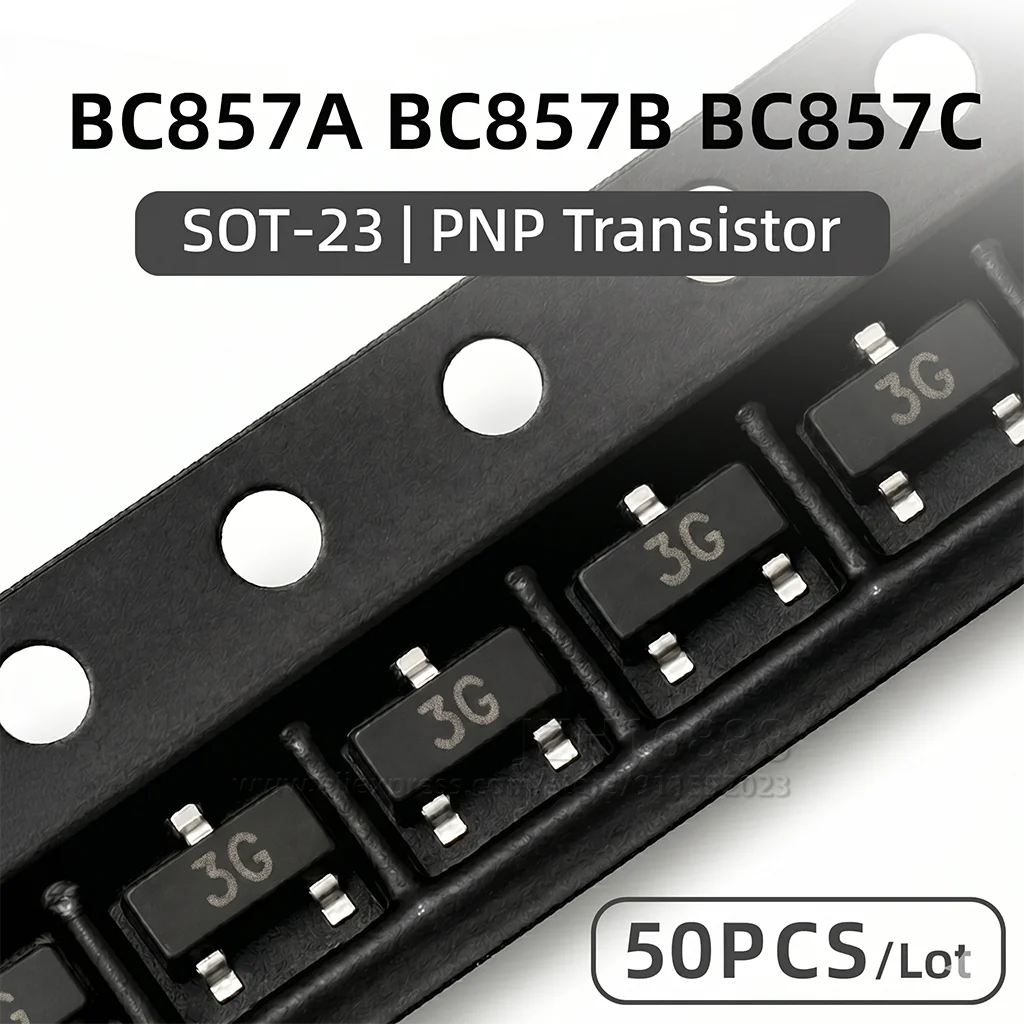 50PCS BC857A BC857B BC857C PNP Transistor SOT23 SMD Small Signal BJT 3E 3F 3G Marking Code Assorted Electronic Components