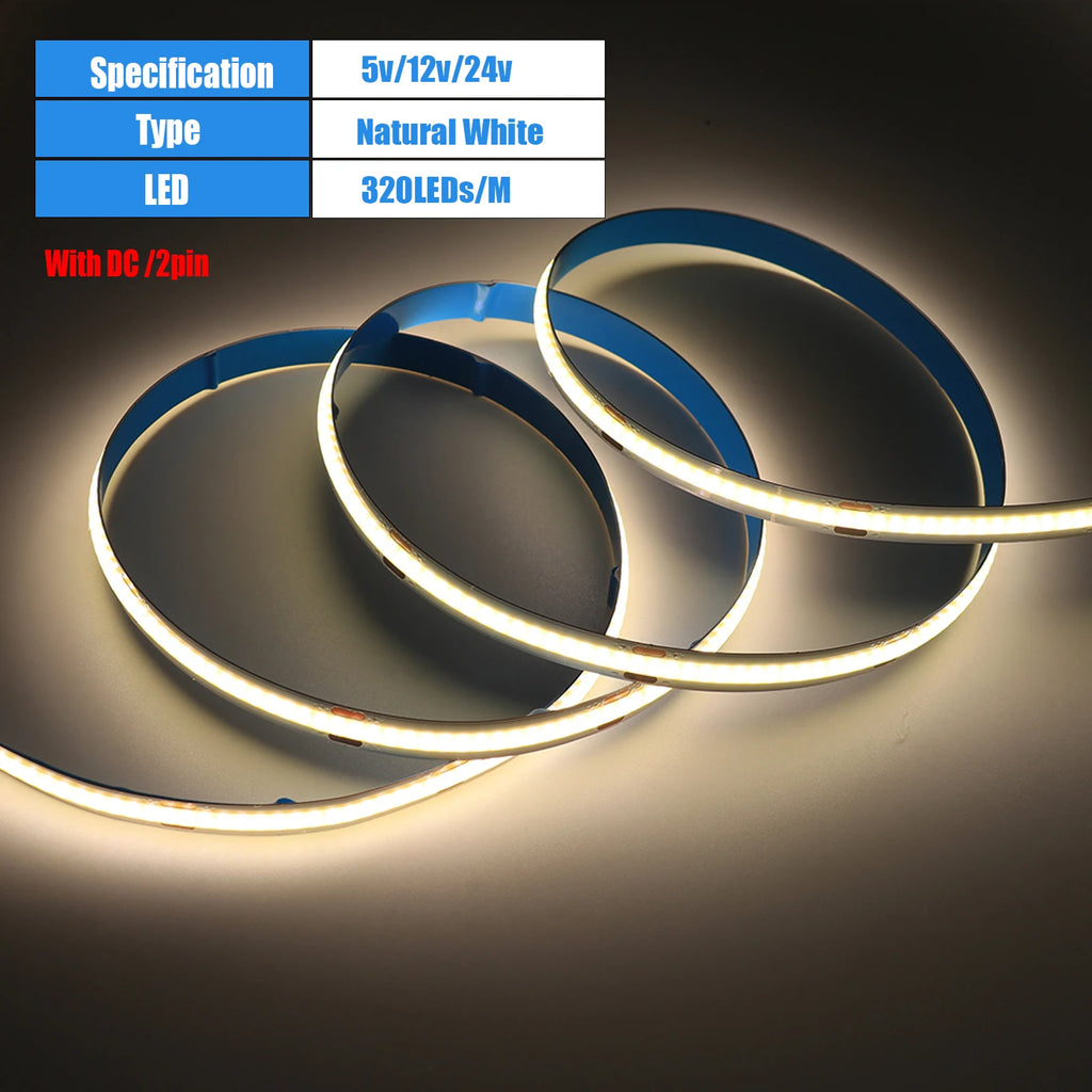 DC 5V/12V/24V COB LED Strip 3MM 5MM 8MM 320Leds/M High Density Flexible COB LED Tape Light For Cabinet Home Linear Lighting
