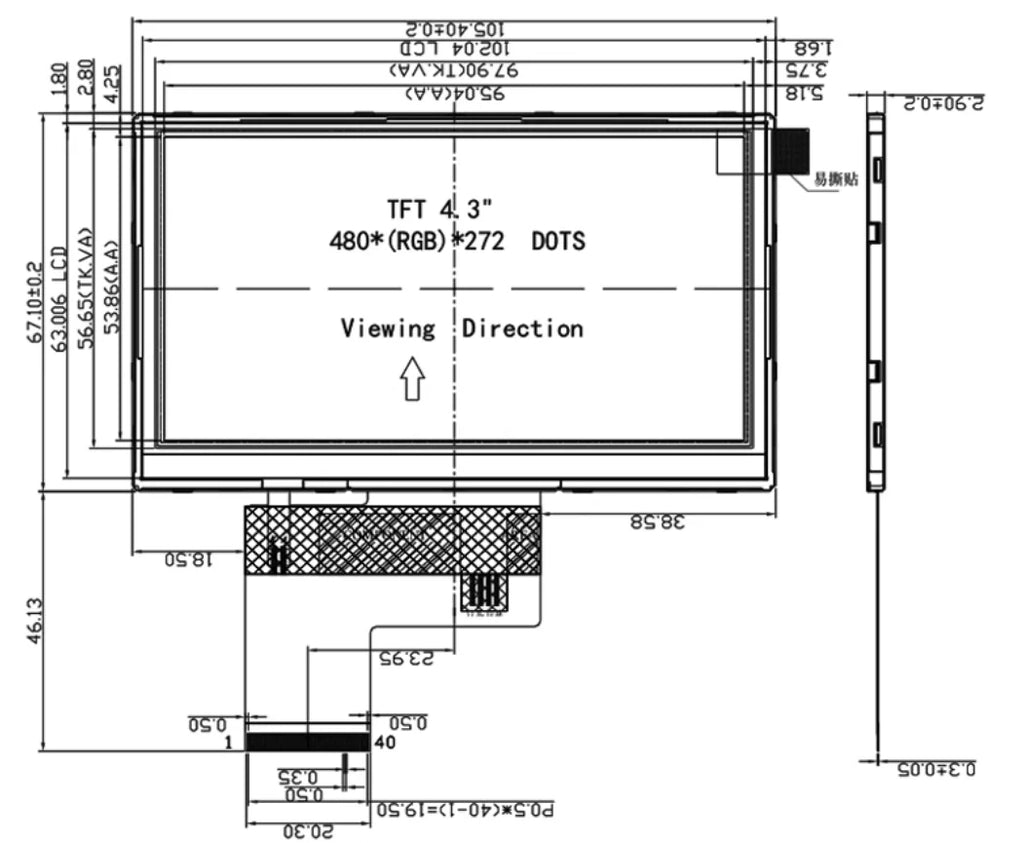 4.3 Inch TFT LCD Screen RGB Interface 480x272 High-Definition IPS Plug-In 40PIN With Capacitive Touch