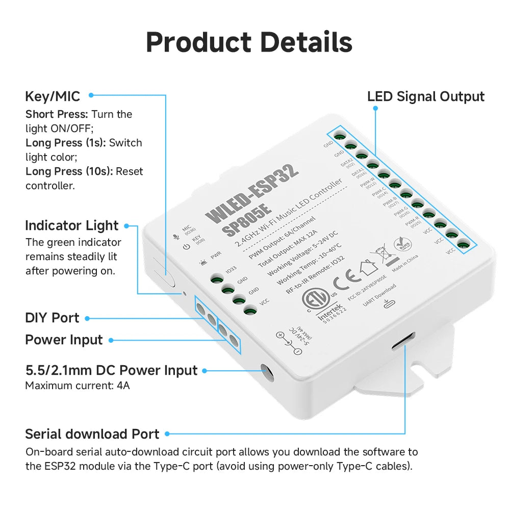 SP805E ESP32 WLED Controller WiFi Music LED Controller for Addressable WS2811 WS2812 WS2814 WS2815 SK6812 PWM CCT RGB Cob Strips