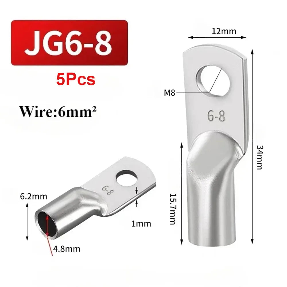 5Pcs JG Series Tinned Copper Cable Lug 14-2AWG 6/10/16/25mm2 Battery Cable Terminal Tinned Copper M6/M8/M10/M12