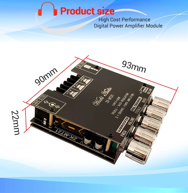 MT21 2.1 Channel Bluetooth 5.0 Audio Amplifier Board 100W Subwoofer 50W*2 L/R Stereo Amp Module Bass Treble Control AUX Input DC12-24V for Home Speaker DIY