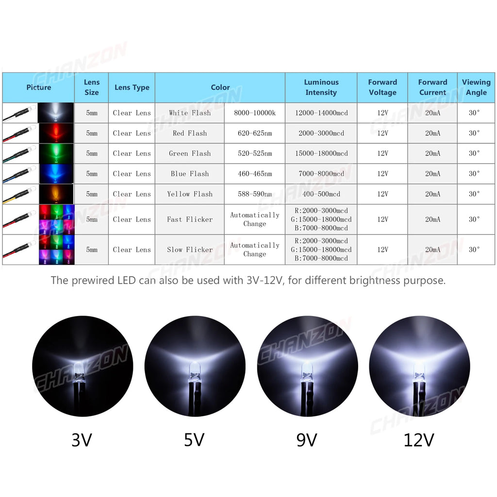 20pcs 5mm 12V LED Diode Flashing Prewired Light Beads Blinking White Red Green Blue Yellow RGB Fast Slow Flash DIY Pre Wire Lamp