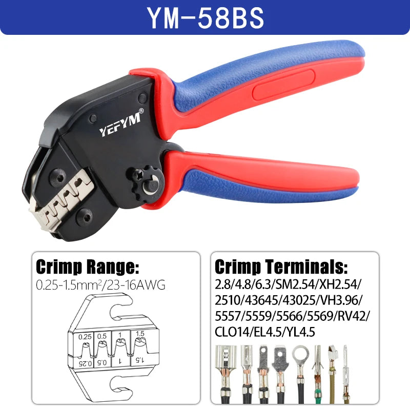 Mini Pliers YM-58BS Tools For XH2.54/DuPont2.54/2.8/4.8/6.3/Non-Insulated/Ferrule Tube Terminals Ratchet Wire Crimping Sets