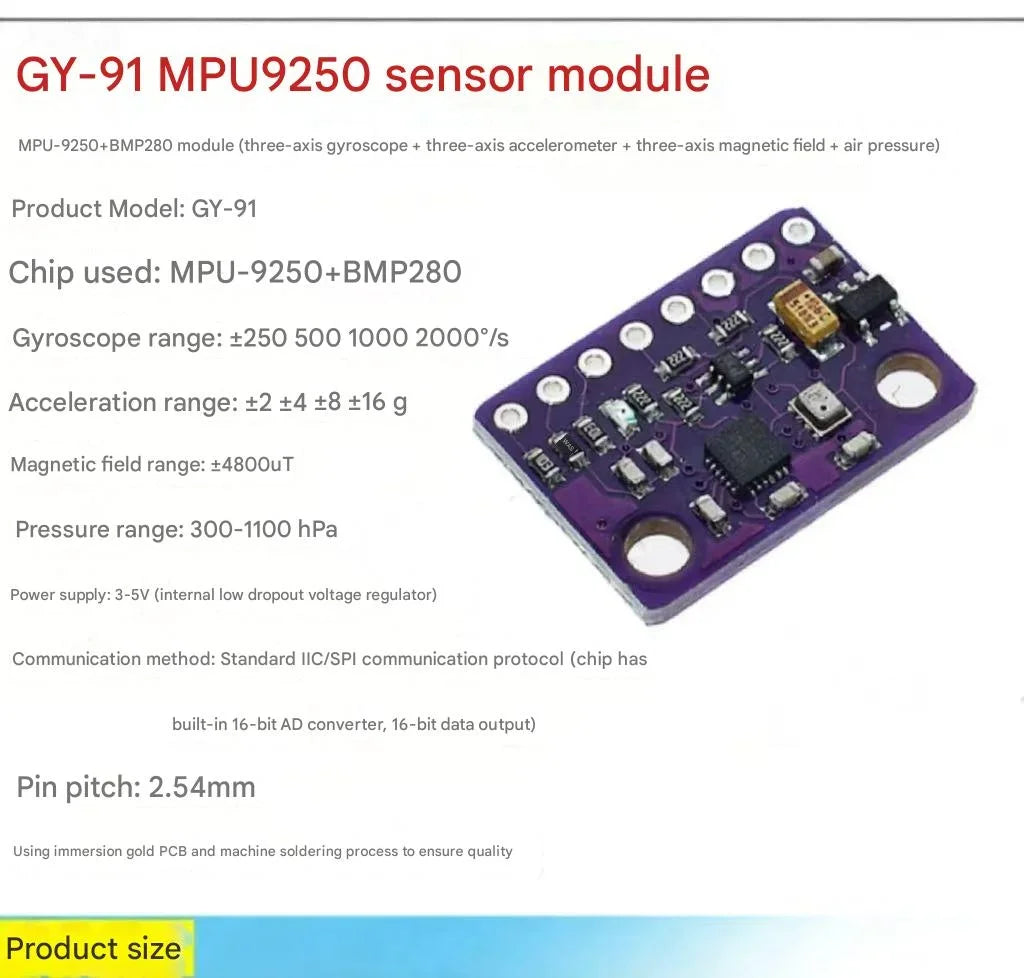 MPU9250 6500 Module 9DOF Accelerometer Gyroscope Compass 6/9 Axis GY-91 Sensor