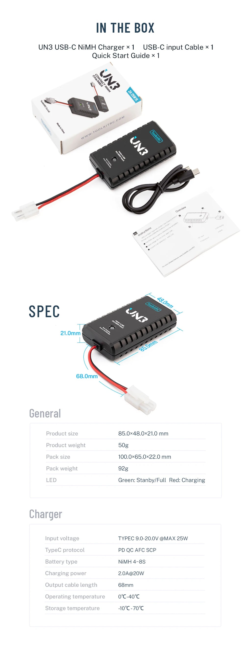 ToolkitRC U3 2-3S LiPo UN3 4-8S USB-C NiMh Battery Charger 2A 25W Balance Port Direct Charge for RC Model FPV Drone Car Airplane