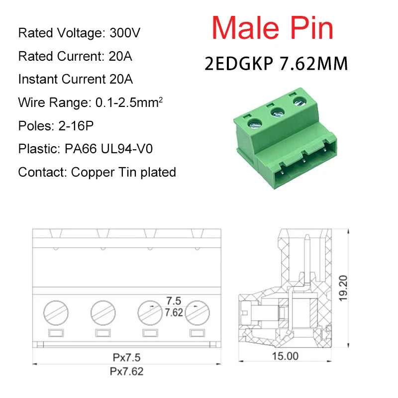 10sets Female Male Plug Aerial Butt Welding 2EDGRK-7.62mm 2EDGK7.62 0.3inch 2-16P Plug Solder-free Wire Terminal Block Connector