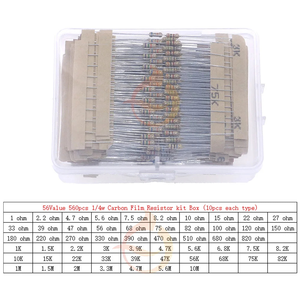 1/8W 1/4W 1/2W 1W 2W 3W 5W  5% 0 Ohm-10m ohm Carbon Film Resistor Assorted Kit With box 1K 2K 5.1K 10K 47K 100K 220K 470K 3M 10M