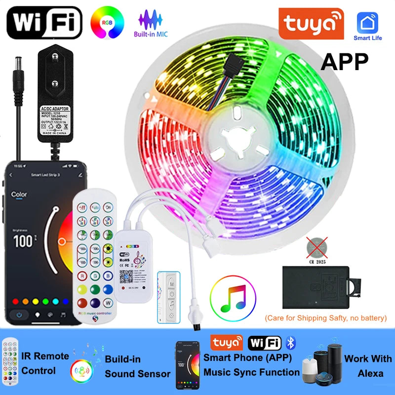 30M 12V WiFi Bluetooth RGB LED Strip Lights 5050 with Ac100-240V Adapter APP Control Music Sync Remote for Bedroom Kitchen Party