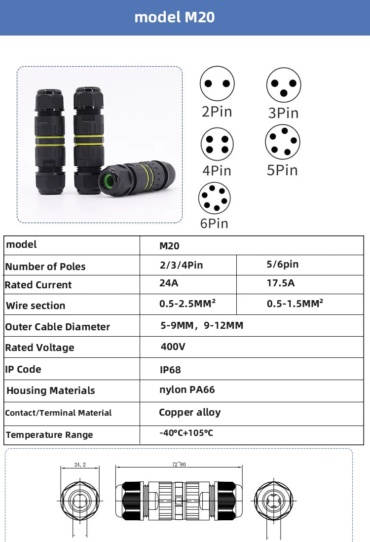 ip68 waterproof connector led connector2/3/4/5/6Pin Adapter terminal Outdoor rain proof of electric wireNo welding for screws