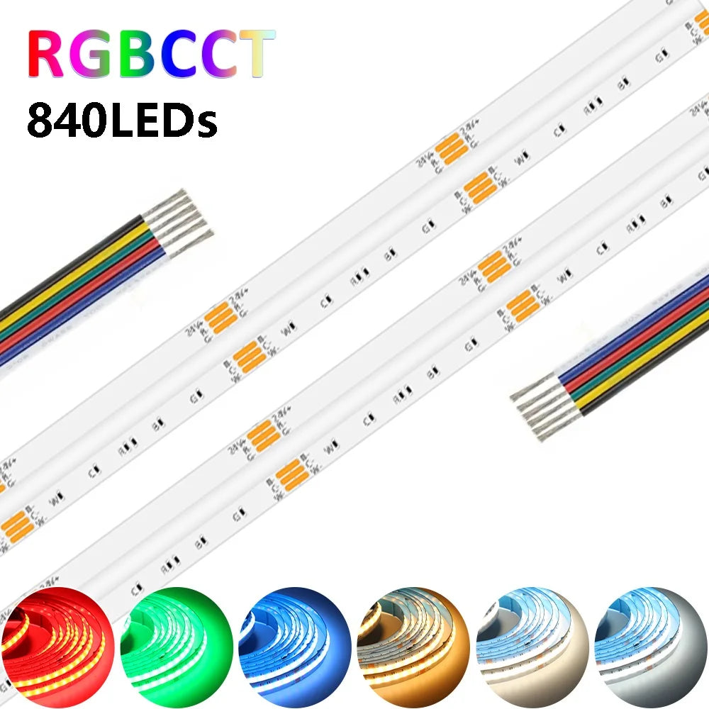 5M COB RGBCCT Led Strip 24V 6 Pin 12mm 840 Diodes RGB CCT WW CW 24 volt Flexible Led Stripe Neon Tape Ribbon Lamp for Room Decor