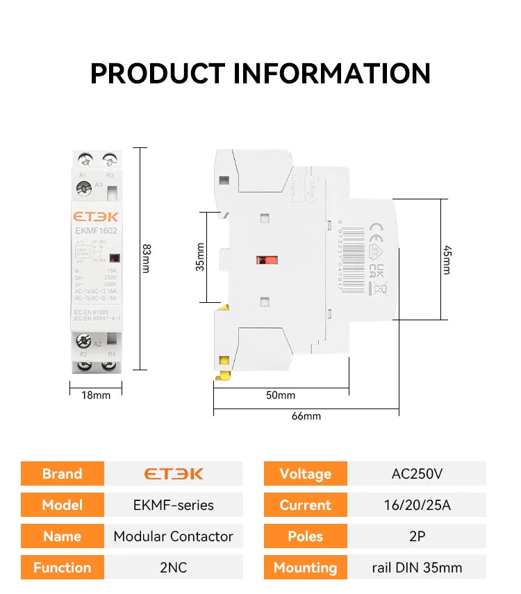 ETEK Modular Contactor Din Rail Automatic 2P 4P 230V Single-phase Three-phase 16A/20A/25A/40A/63A  EKMF