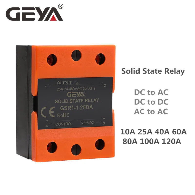 GEYA GSR1-1 Solid State Relay DC-AC DC-DC AC-AC Single Phase SSR 10A 25A 40A 60A 80A 100A 120A Without Cover