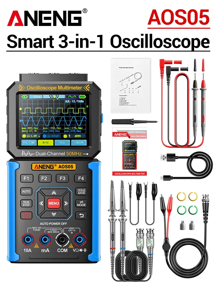 Dual-channel Oscilloscope Rechargeable 50MHz Bandwidth 200MSa/s Sampling Smart Automatic 3-in-1 Detector 25000 Count ANENG AOS05