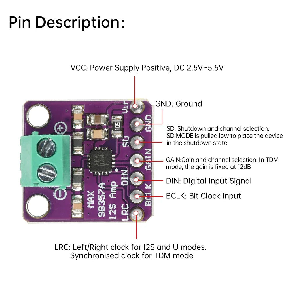 High Quality MAX98357 MAX98357A I2S 3W Class D Amplifier Breakout Interface I2S DAC Decoder for Raspberry Pi Esp32