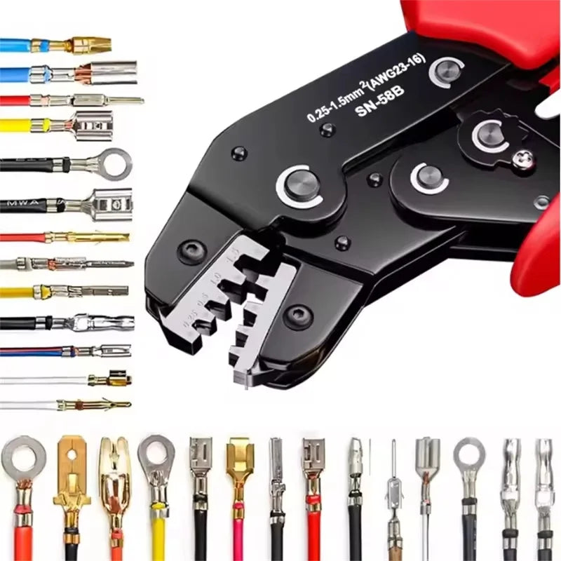 Versatile Ratchet Crimping Tool Set for Open Barrel Terminals Including Dupont, Molex, JST, TE, and SATA Pins