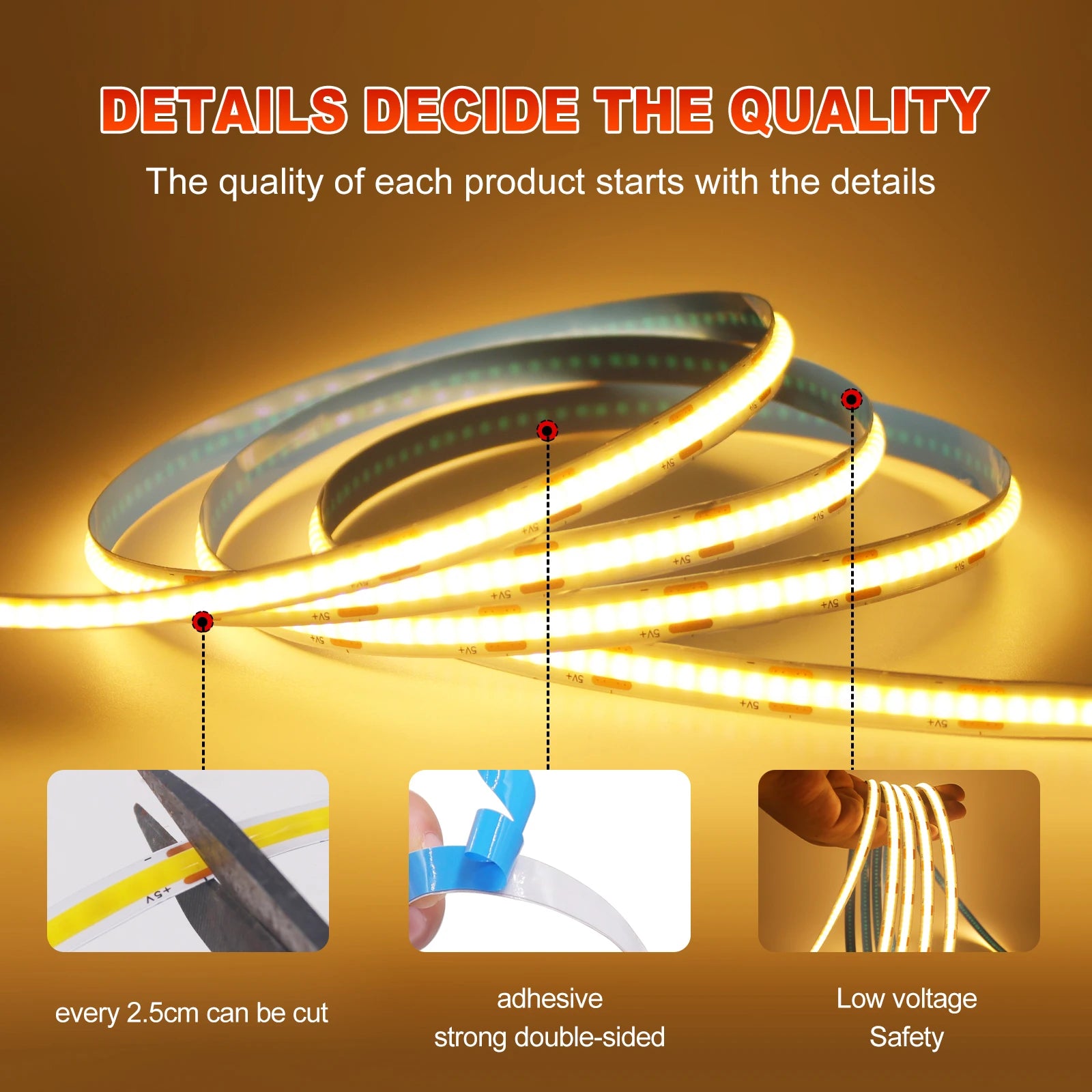 3AA Battery Box 5V COB Led Strip 8MM 320LEDs/M Warm Natural Cool White Flexible COB Strip Light for Bedroom Cabinet TV Backlight