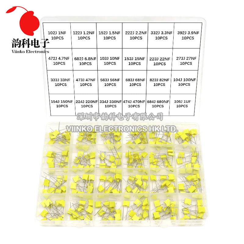 240Pcs Correction Capacitor Assorted Kit 24Values x 10Pcs 100V 102J-105J Polypropylene Safety Plastic Film Capacitors Set