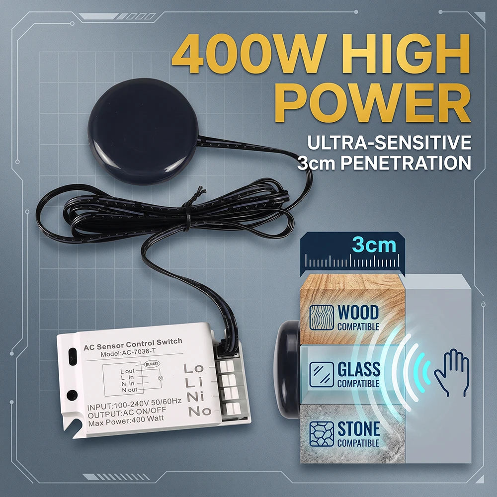 110V 220V 400W Hidden Wooden Touch High-Power 400W Controller for Cabinet, Nightstand, and LED Strip Lights Touch Switch Sensor